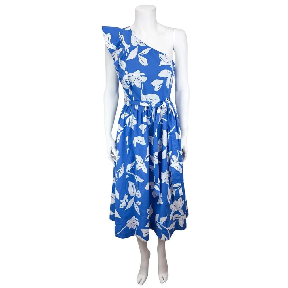 J. Crew Factory Women's One Shoulder Floral Midi Dress Blue Size 10 NWT